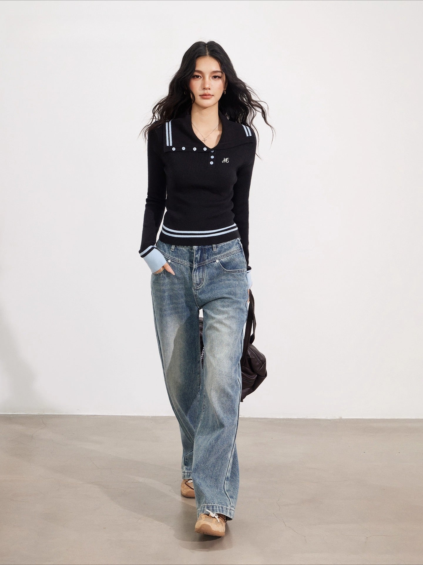 Black Asymmetric Colorblock Button-up Sweater