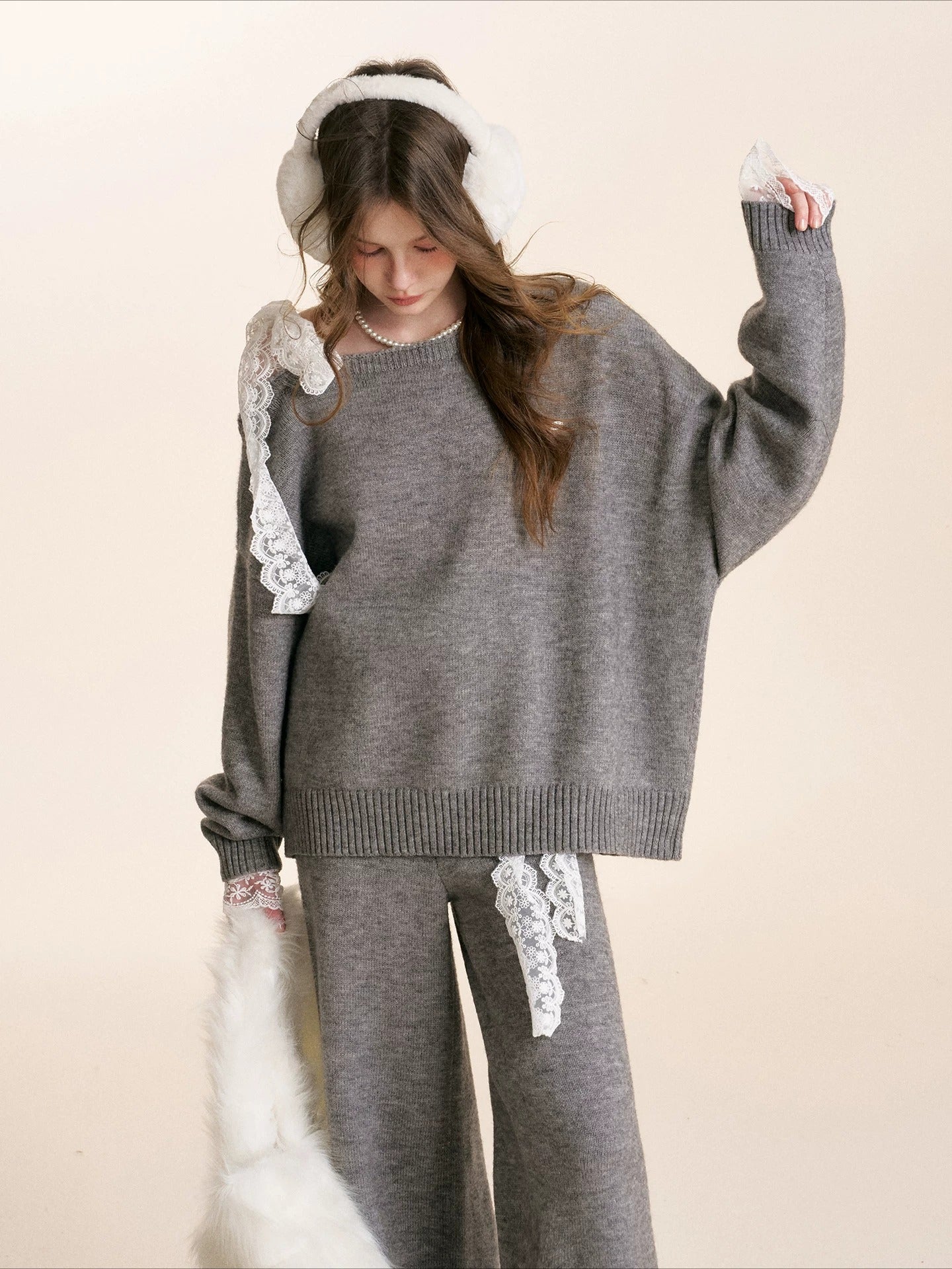 Gray &amp; Apricot Lace-Tie Knit Set