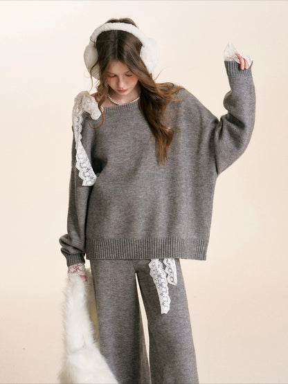 Gray &amp; Apricot Lace-Tie Knit Set
