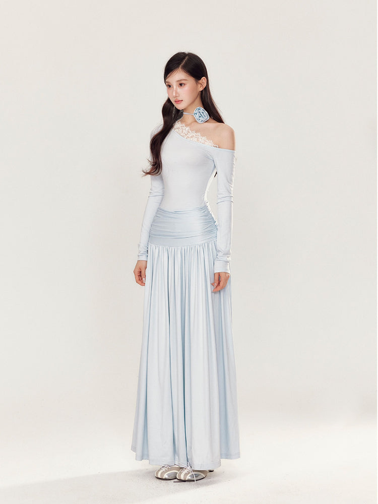 Off-Shoulder Asymmetrical Waist Pleated Dress