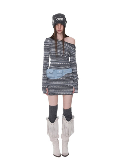 Fair Isle Off-Shoulder Jacquard Knit Dress