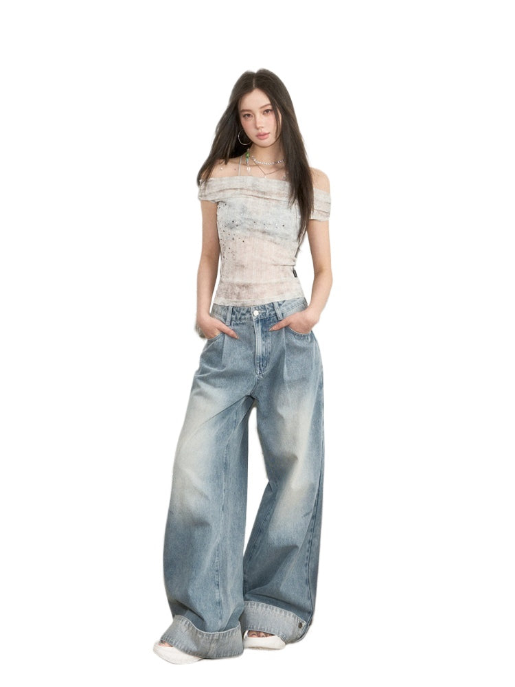 Colorful Rhinestone One-Shoulder Top T-shirt