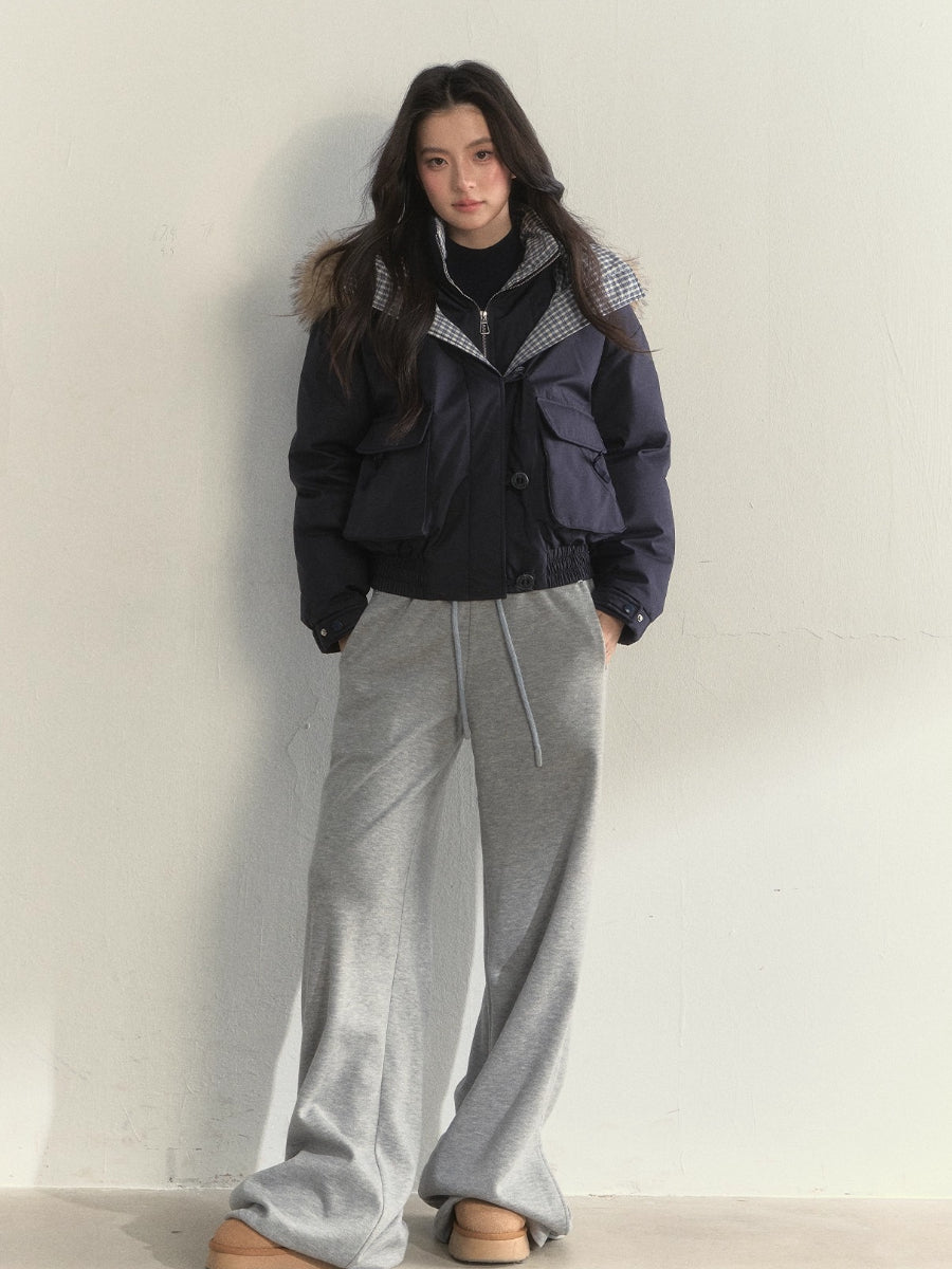 “Flowing Glacier” Patchwork Down Jacket with Fur Collar