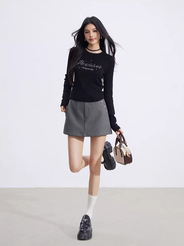 Black &amp; Beige Rhinestone Knit Top