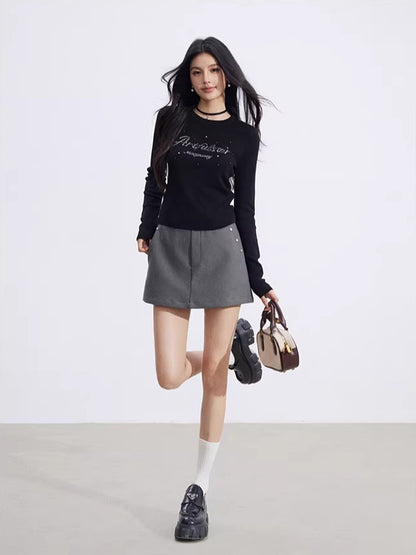 Black &amp; Beige Rhinestone Knit Top