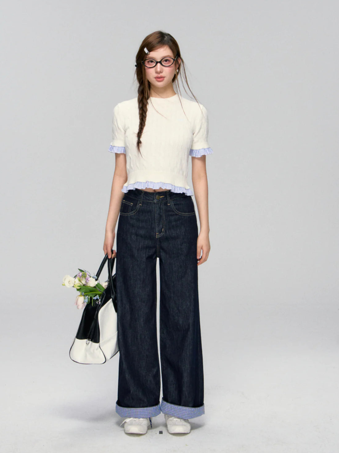 Color-block Plaid Patchwork Straight-leg Jeans