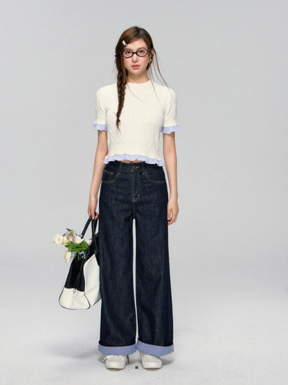Color-block Plaid Patchwork Straight-leg Jeans