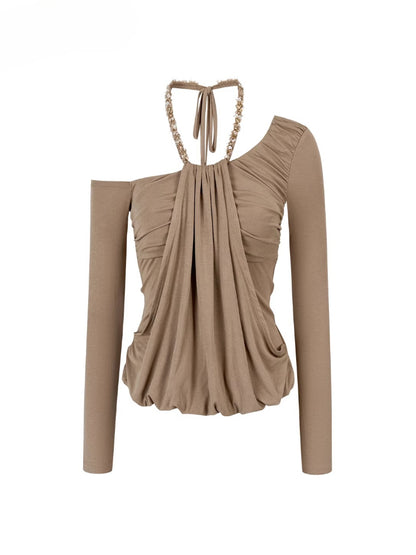 Asymmetric Off-Shoulder Faux Two-Piece T-shirt