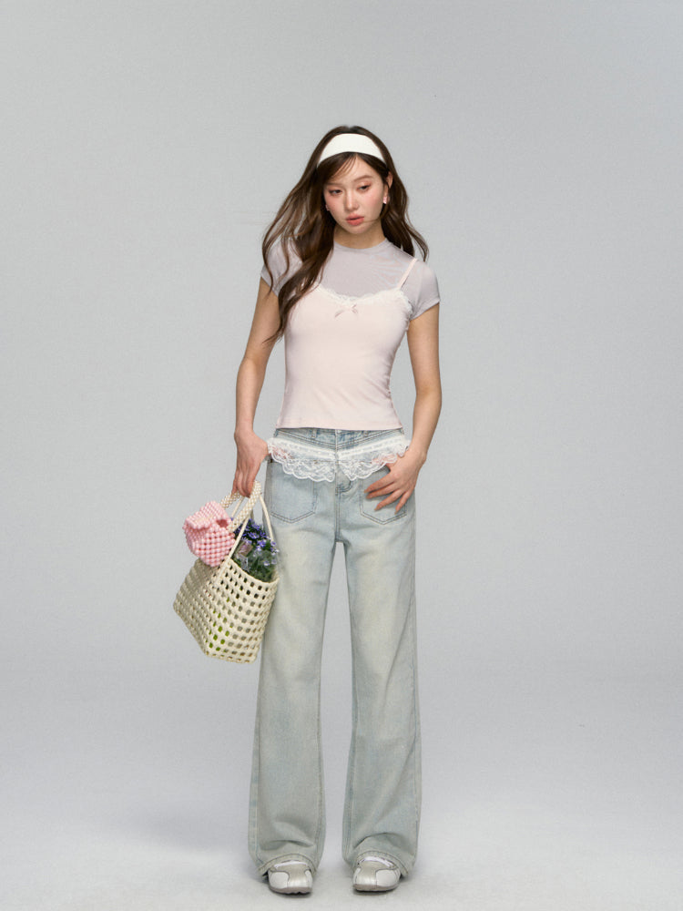Lace-Trimmed Washed Straight-Leg Jeans Set