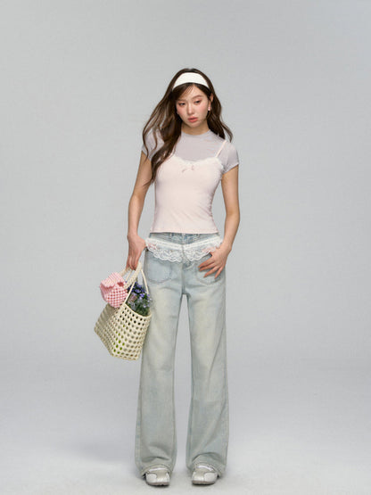 Lace-Trimmed Washed Straight-Leg Jeans Set