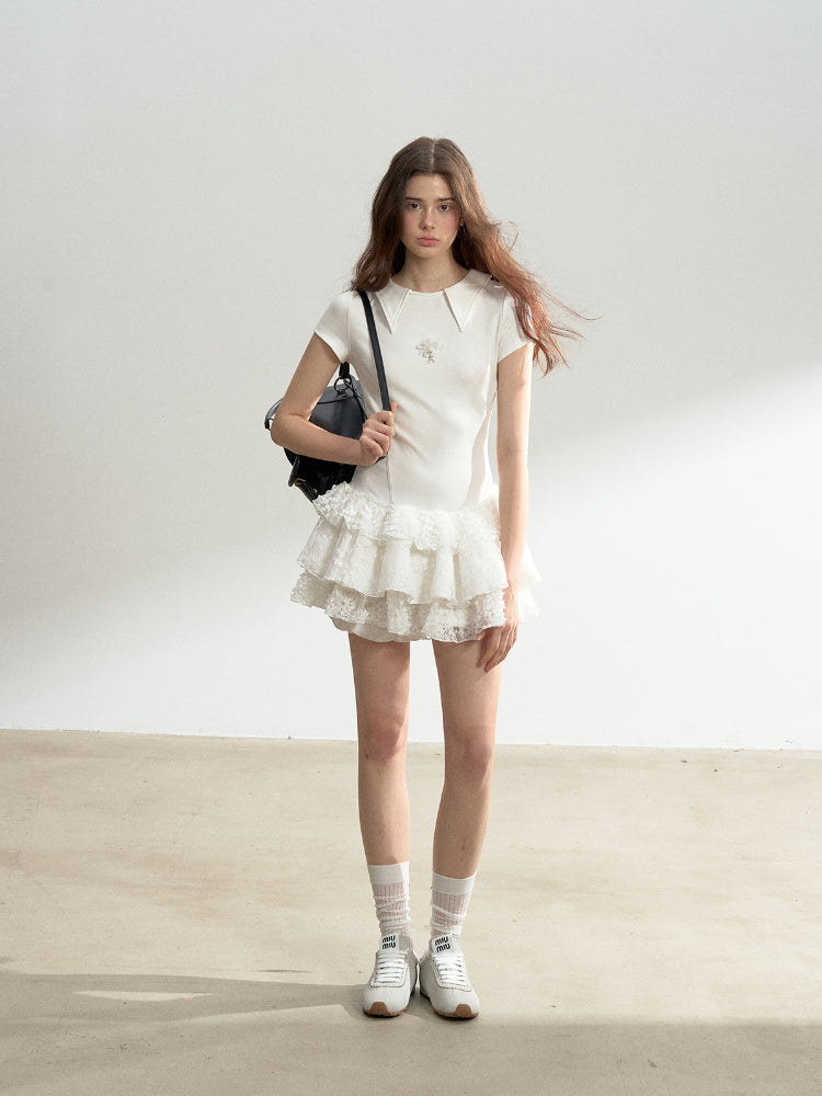 Multi-layer Lace Spliced Short-Sleeve Dress