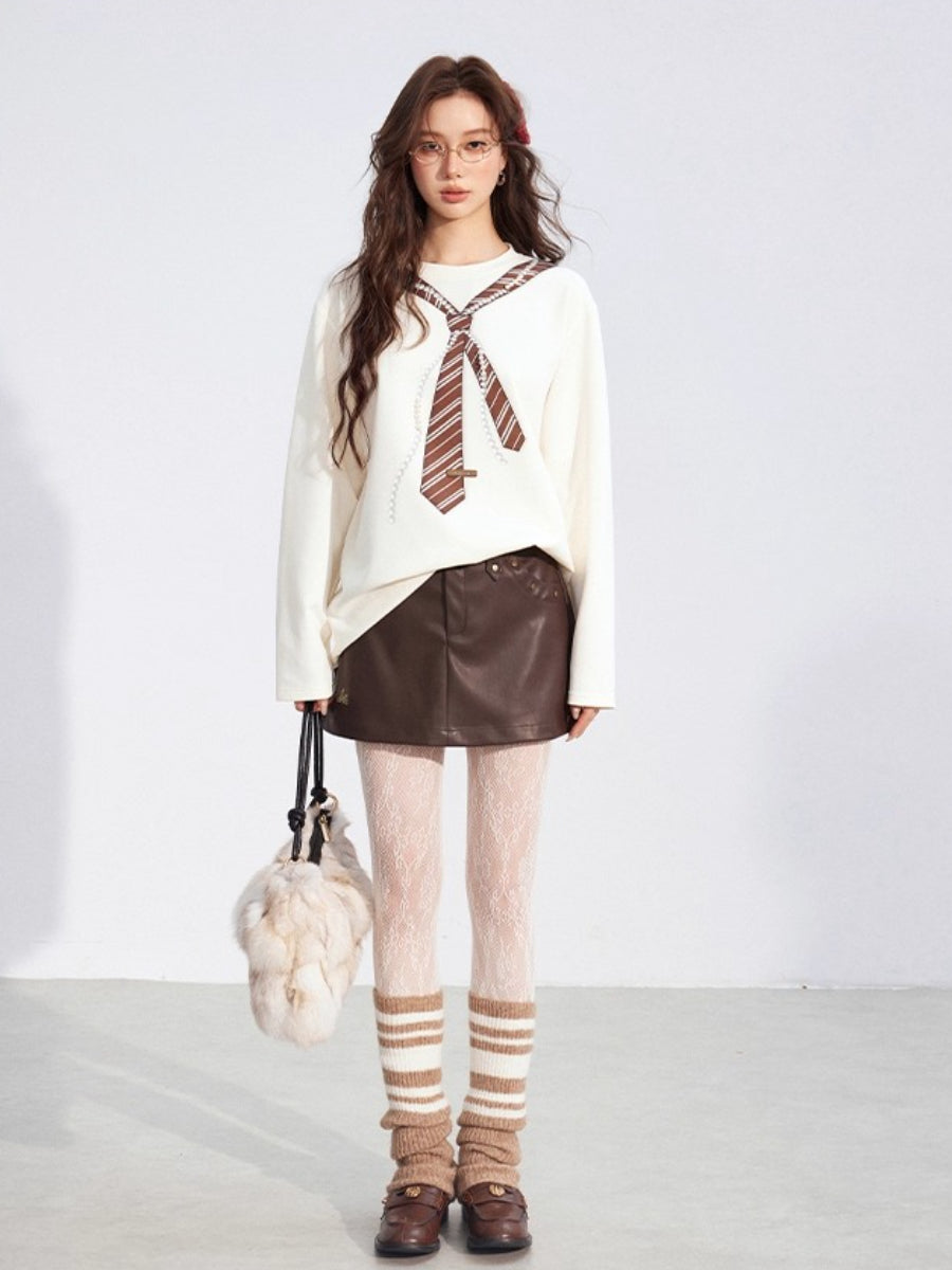 Pearl-Tie Printed Loose Long-Sleeve T-Shirt