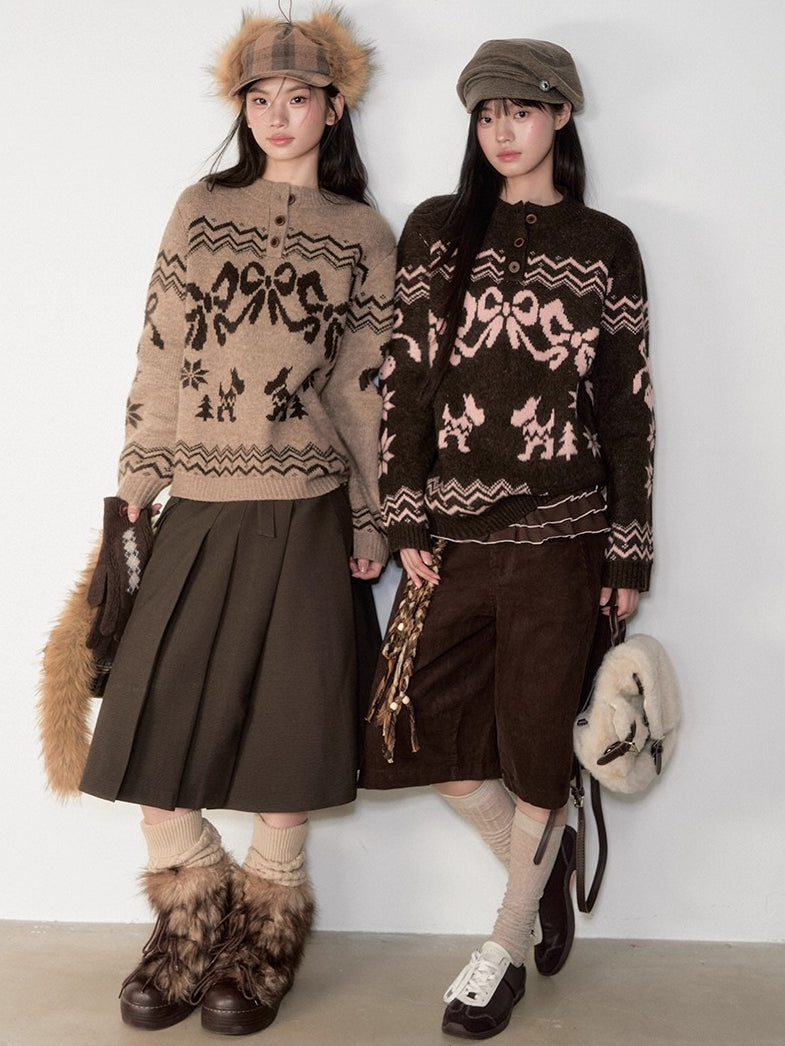 Fair Isle Bow Henry-Collar Sweater