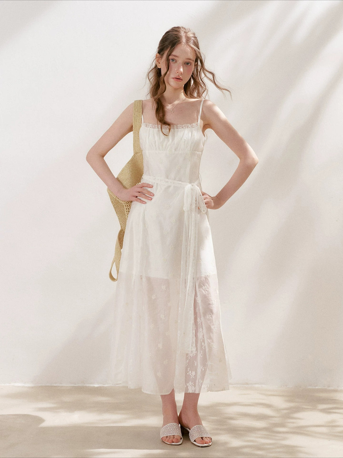 Apricot Embroidered Lace Midi Dress