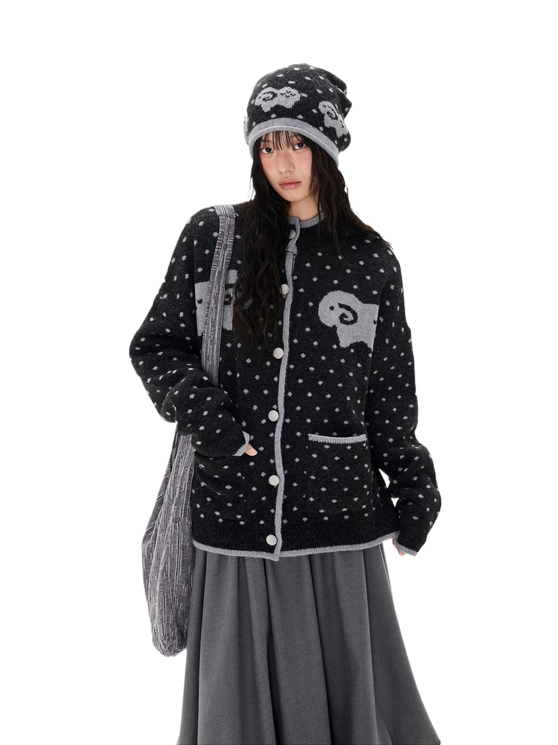 Contrast Sheep Jacquard Knit Cardigan