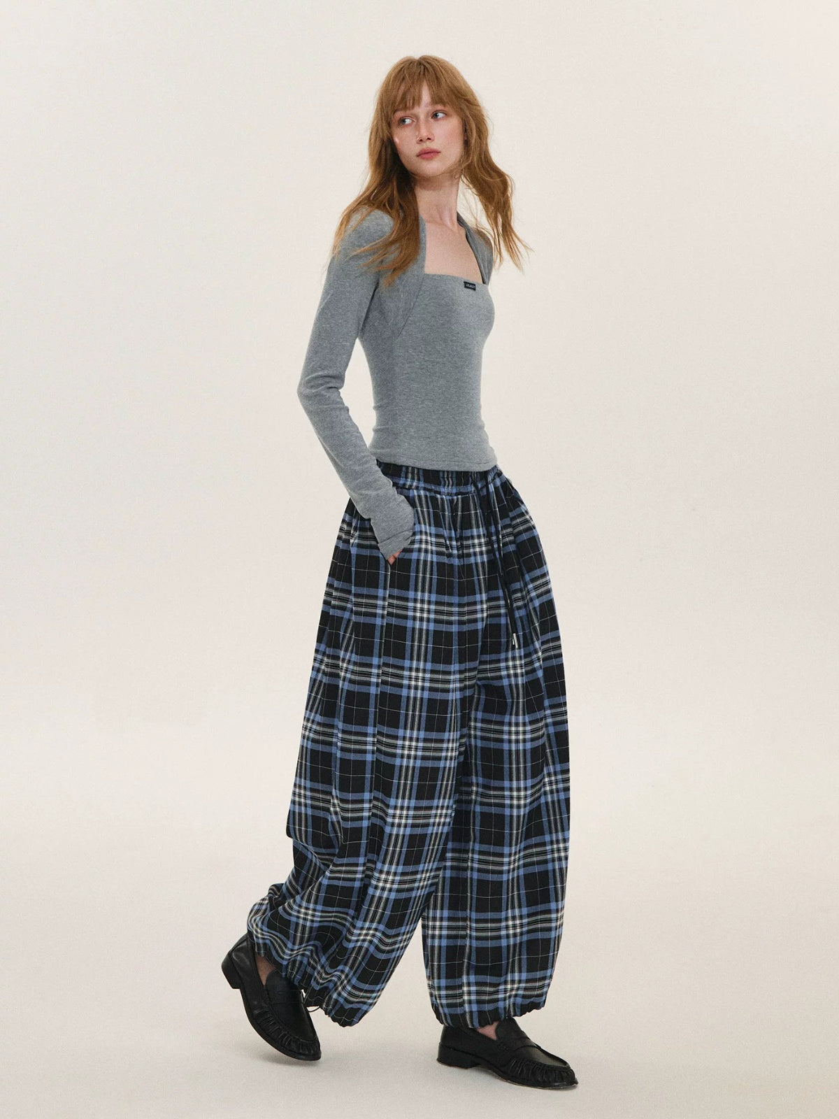 Vintage Plaid Drawstring Balloon Pants