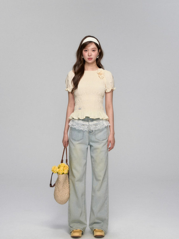 Lace-Trimmed Washed Straight-Leg Jeans Set