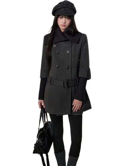 Belted Wool Blend Trench Dress