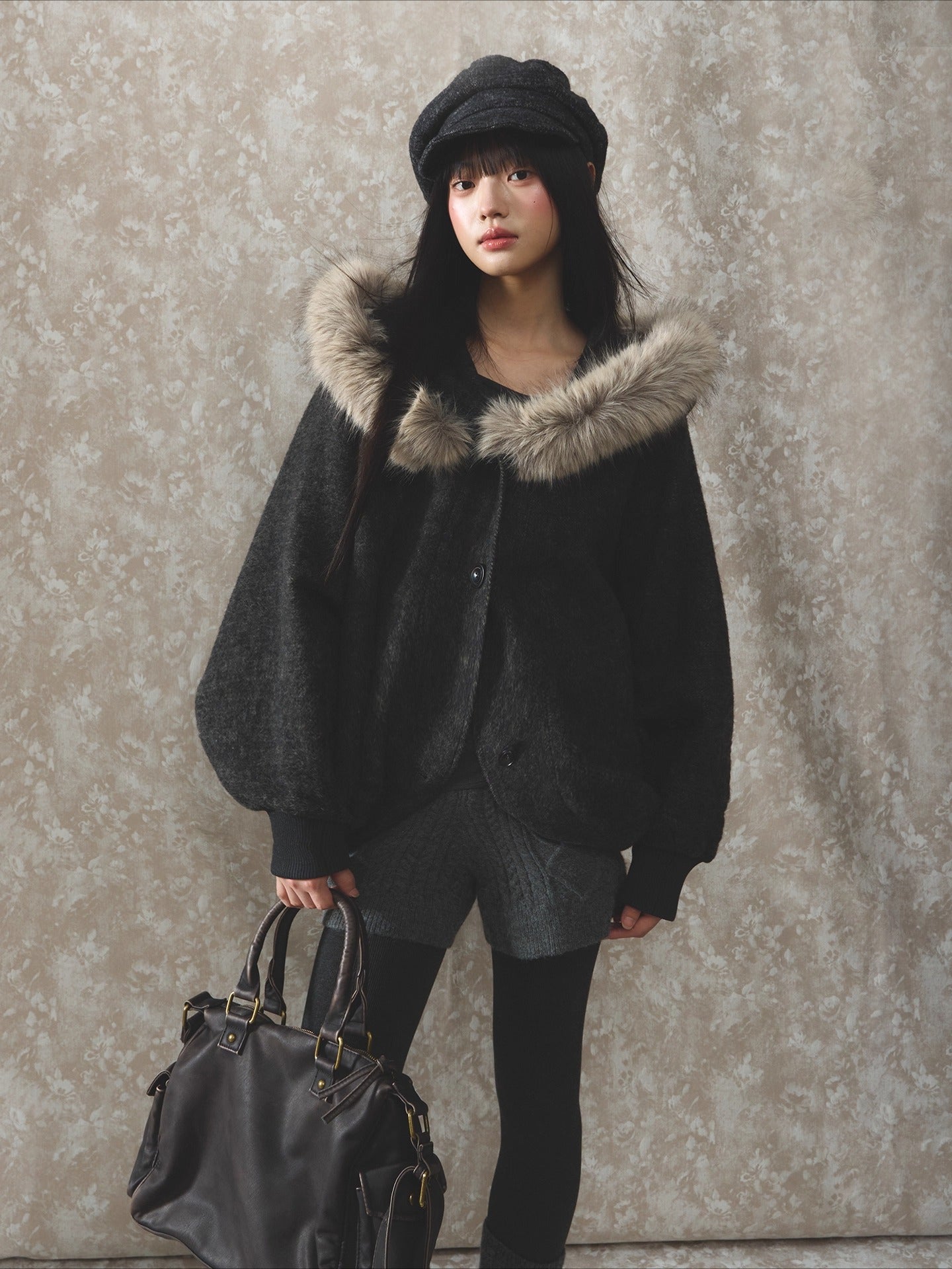 Wool Fur Trim Cape Coat