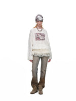 Cat Print Lace Balloon Sweatshirt