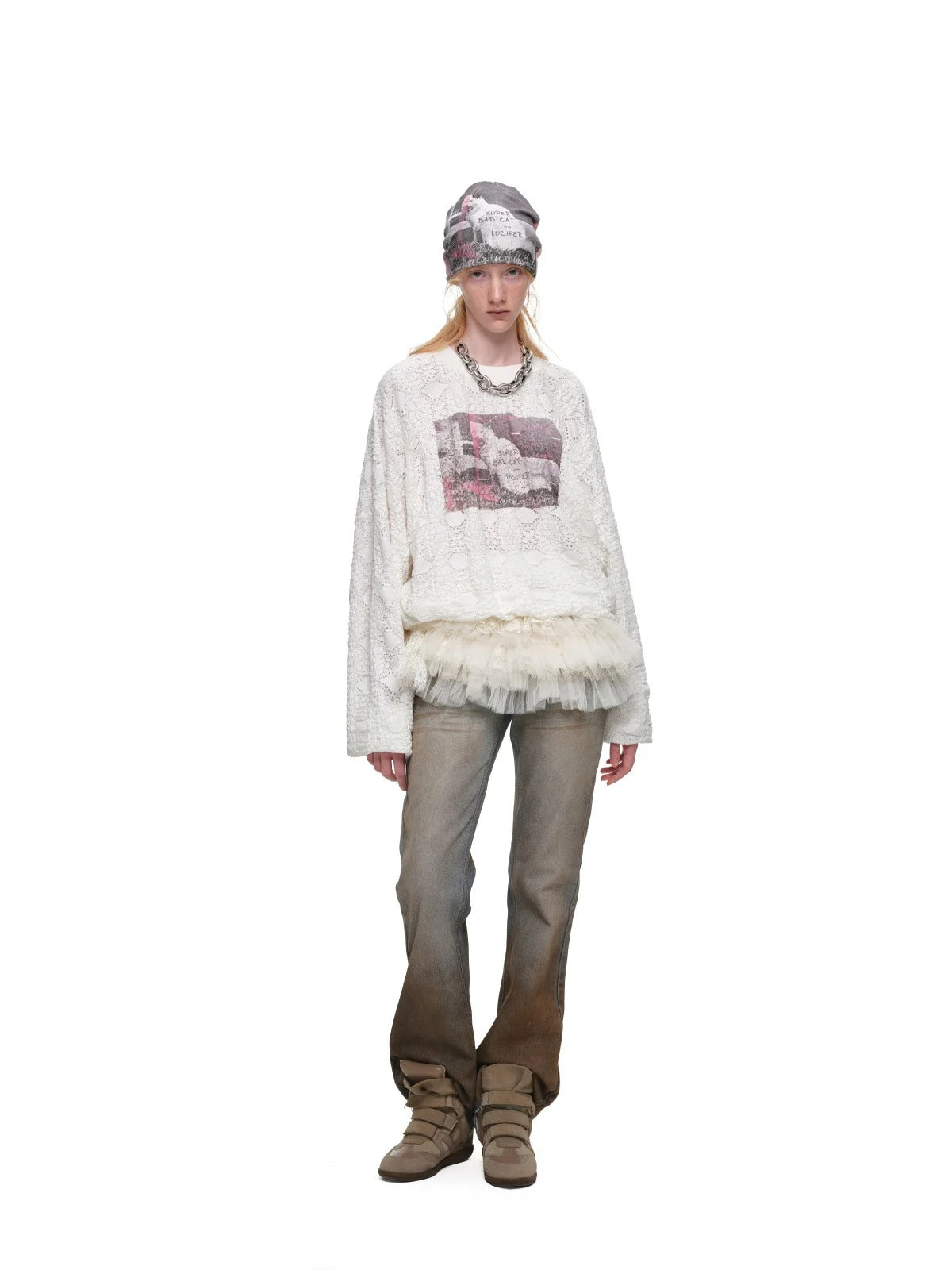 Cat Print Lace Balloon Sweatshirt