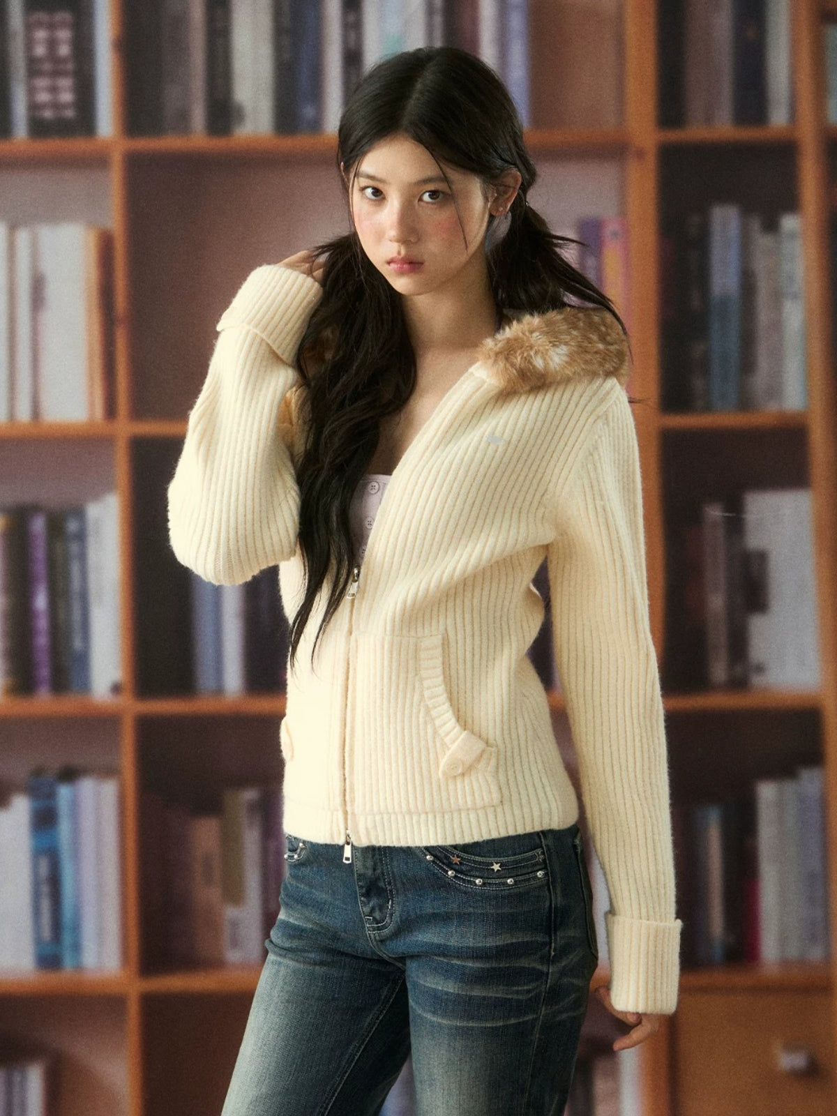 Fawn Fur Collar Ribbed Knit Cardigan