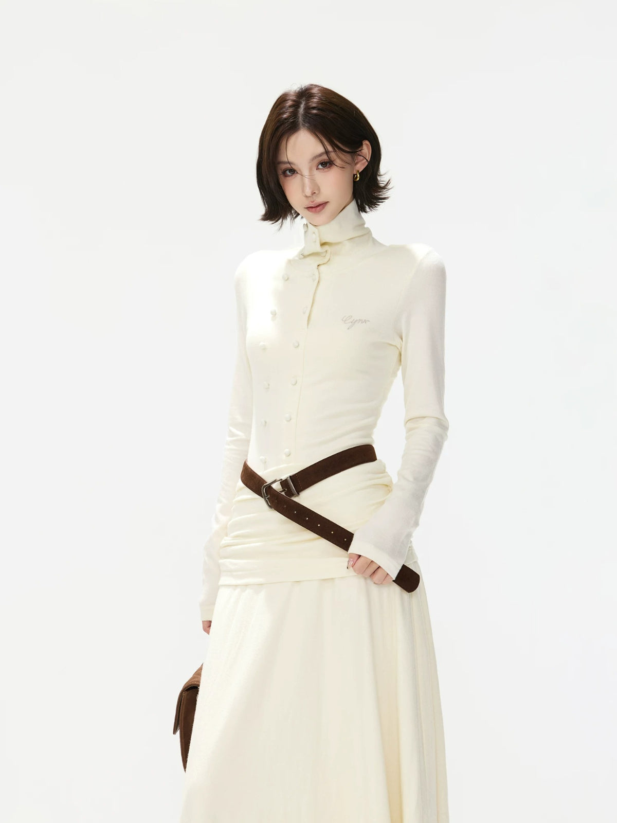 Belted Turtleneck Knit Maxi Dress