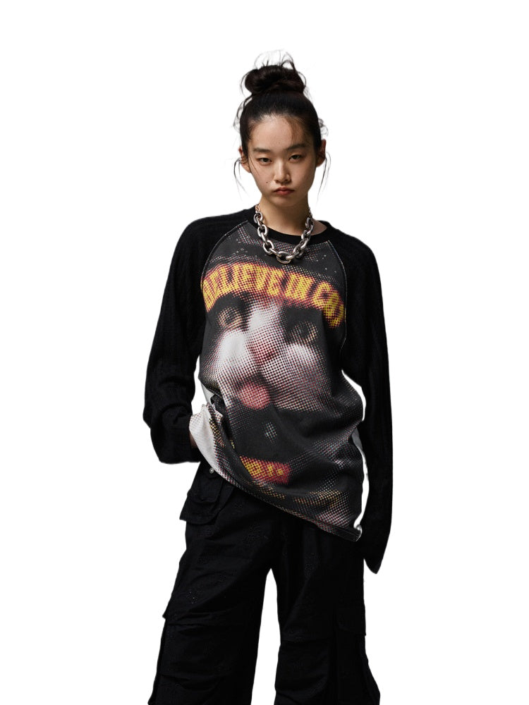 Printed Knitted Raglan-Sleeve T-Shirt