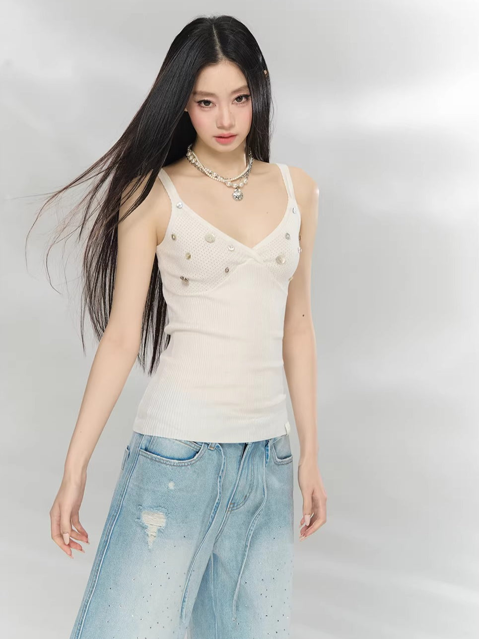 Beige Cross V-Neck Knit Top