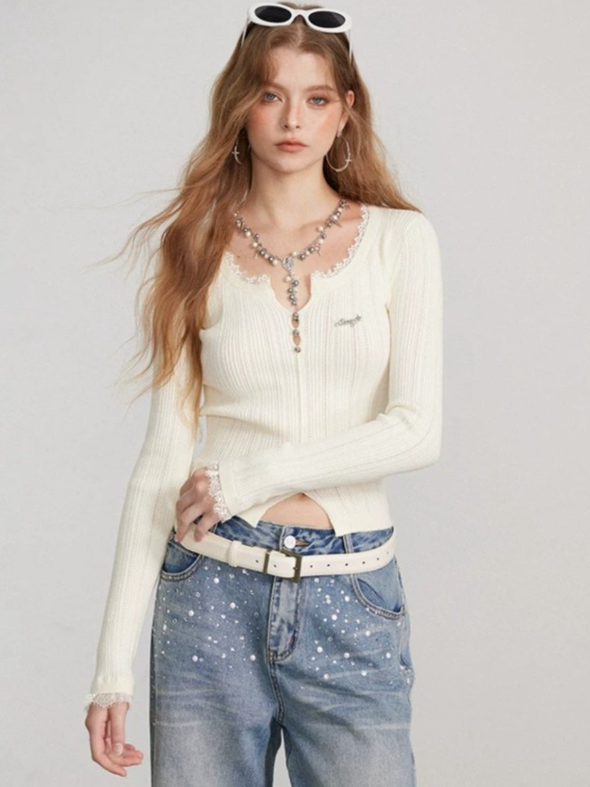 Lace Panel Ribbed Knit Sweater Top