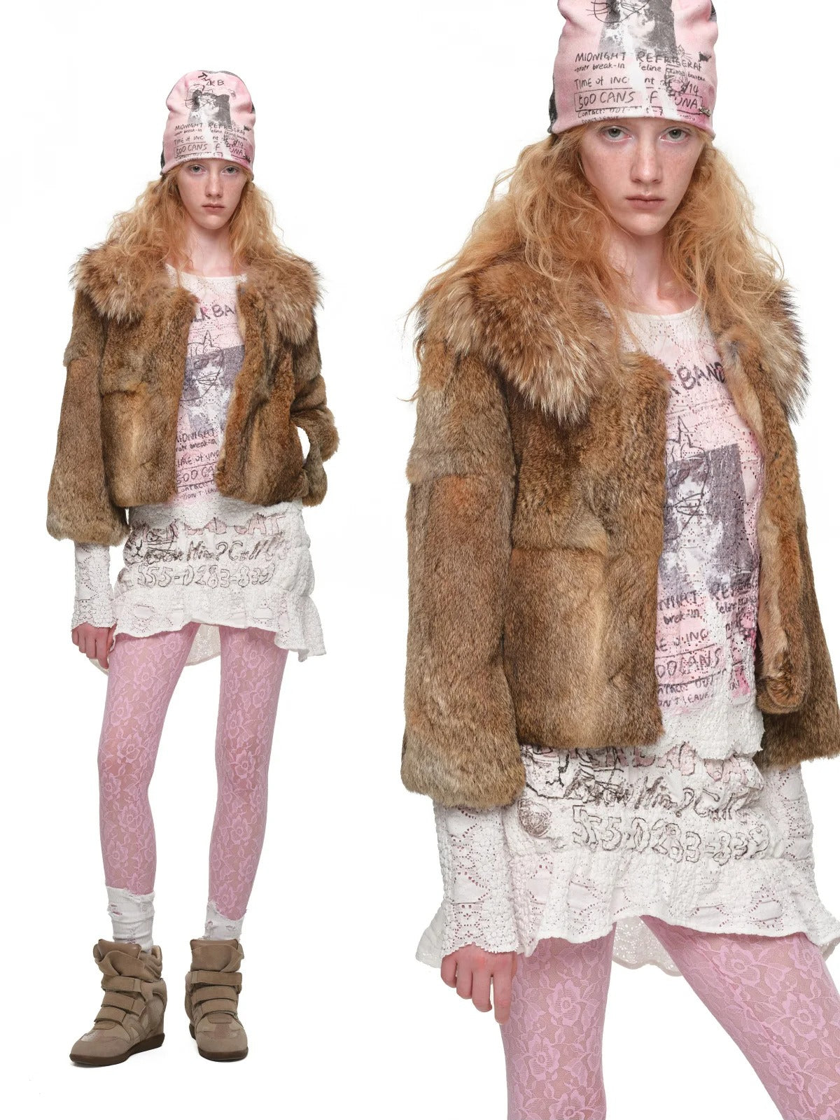 Cat Print Asymmetric Lace Set