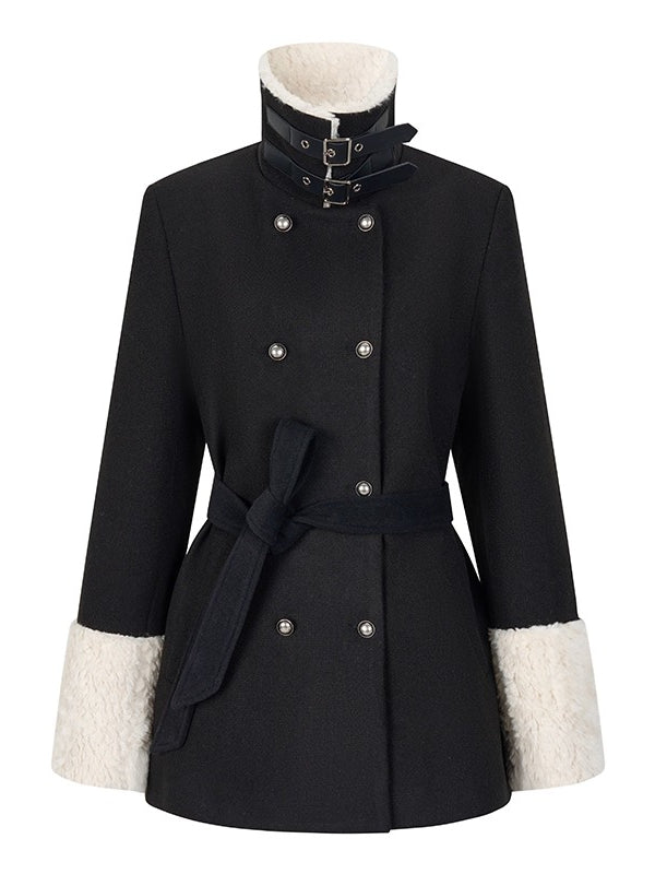 Belted Faux Fur-Cuff Mid-Length Coat