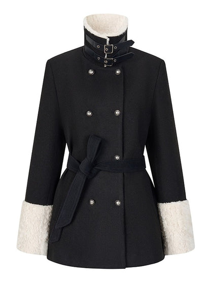Belted Faux Fur-Cuff Mid-Length Coat