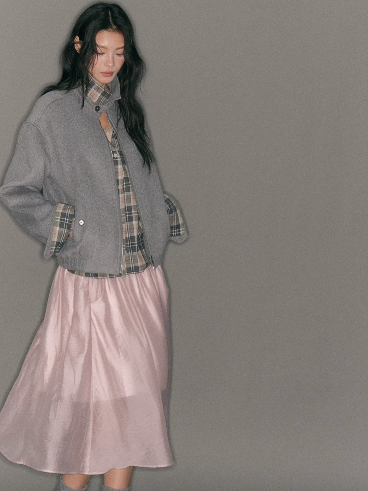 Layered Plaid Wool Blend Jacket