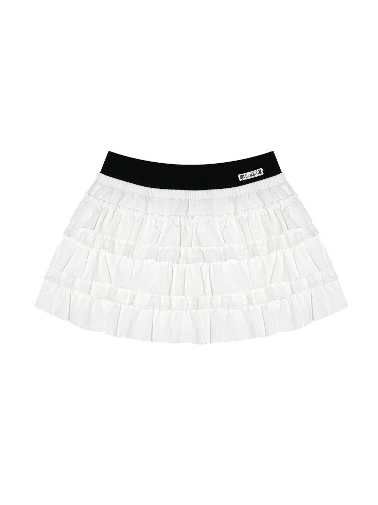 Tiered Lace Waistband Puffy Mini Skirt