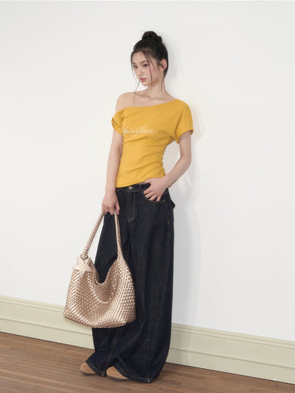Pearl Waist - Cinching Off-Shoulder T-shirt