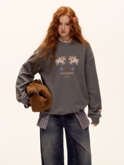 Floral Pony Print Fleece-Lined Pullover Sweatshirt
