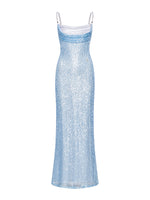 Sequin Draped Neck Slim-Fit Gown