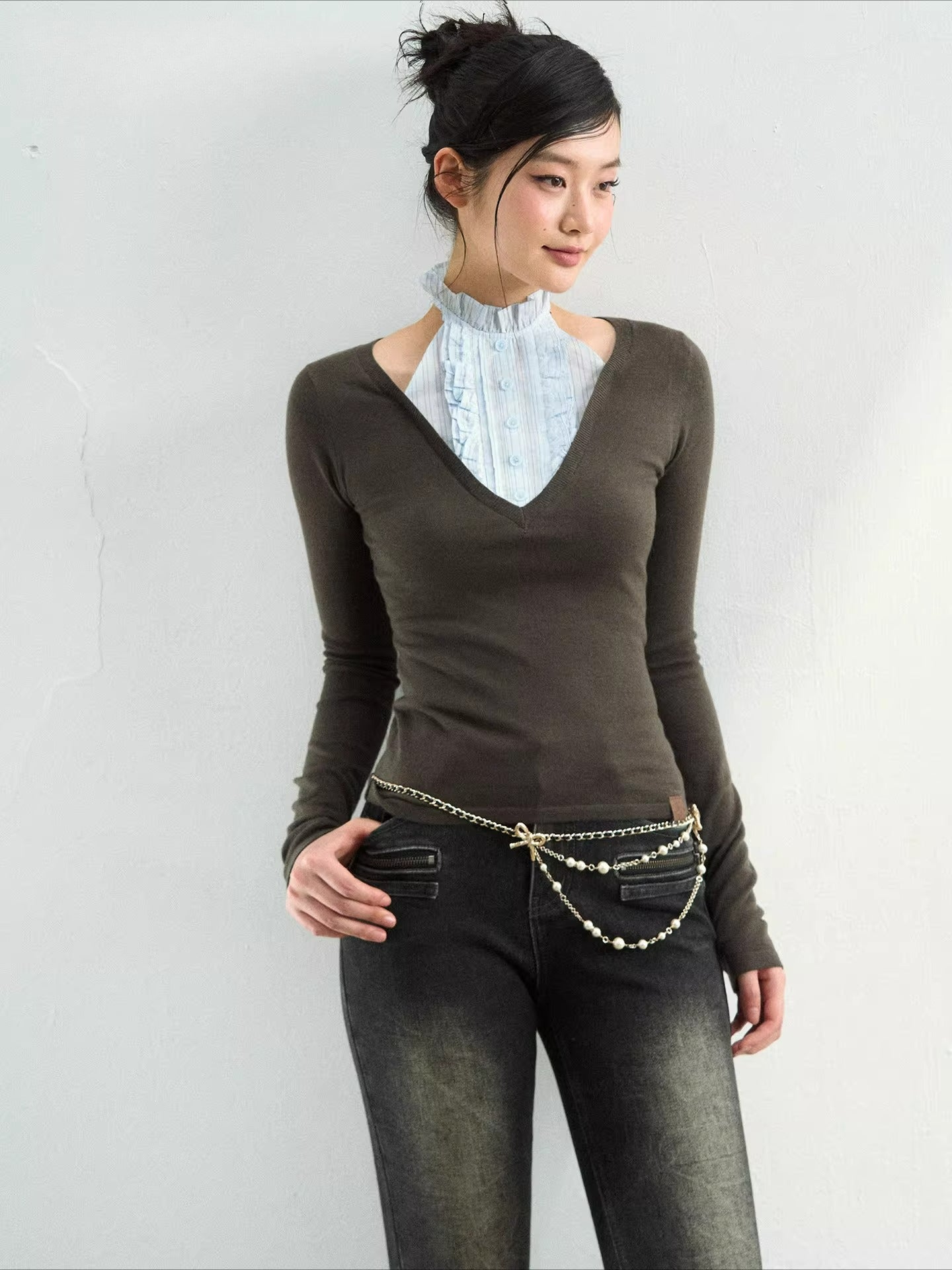 Faux Layered Mock Neck Knit Top