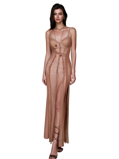 High-Split Patchwork Spaghetti Strap Dress