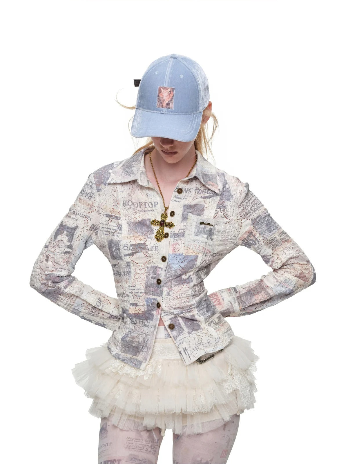 Cat Newspaper Print Lace Shirt