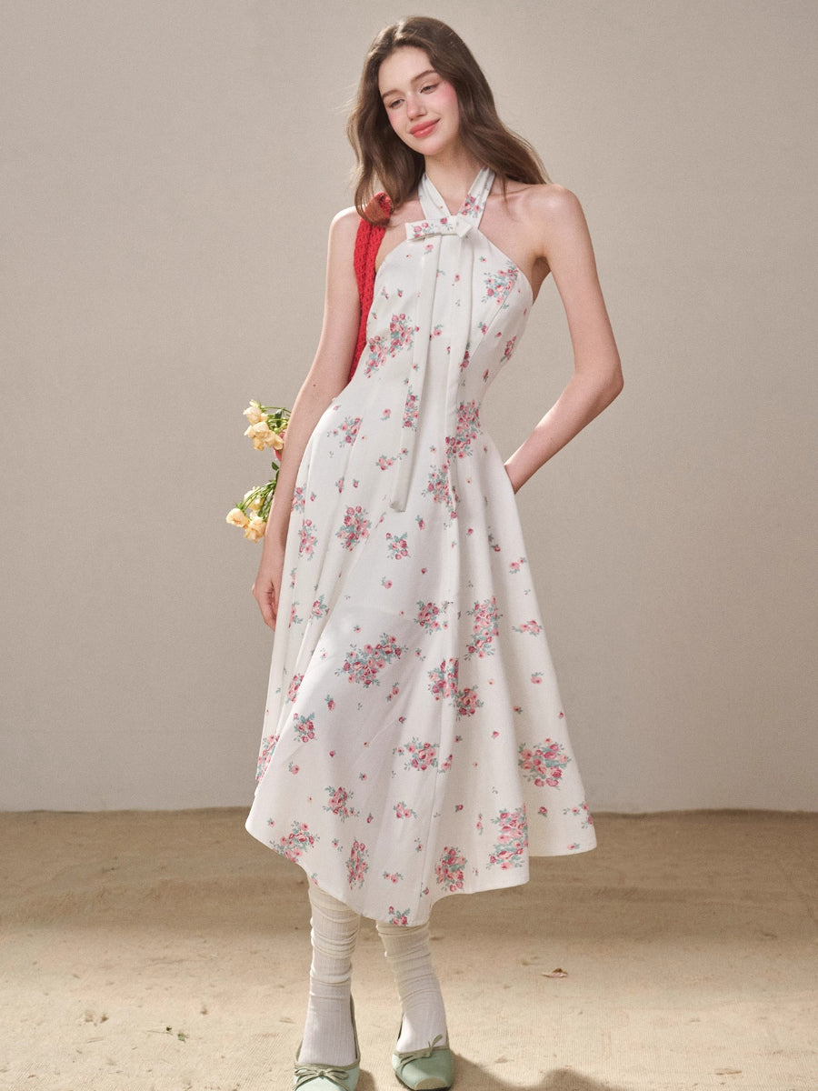 Rose Pleats Halter Midi Dress