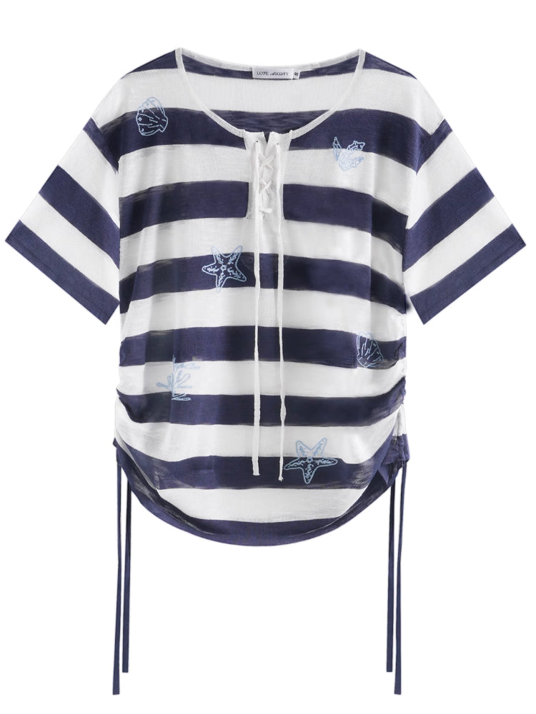 Striped Embroidery Drawstring Tie T-Shirt