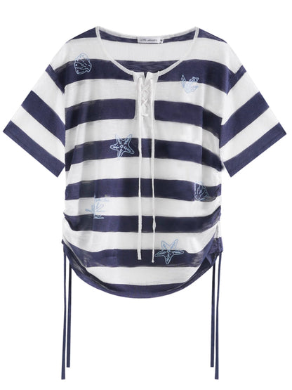 Striped Embroidery Drawstring Tie T-Shirt