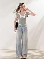 Polka-Dot Double-Wais Wide Leg Jeans