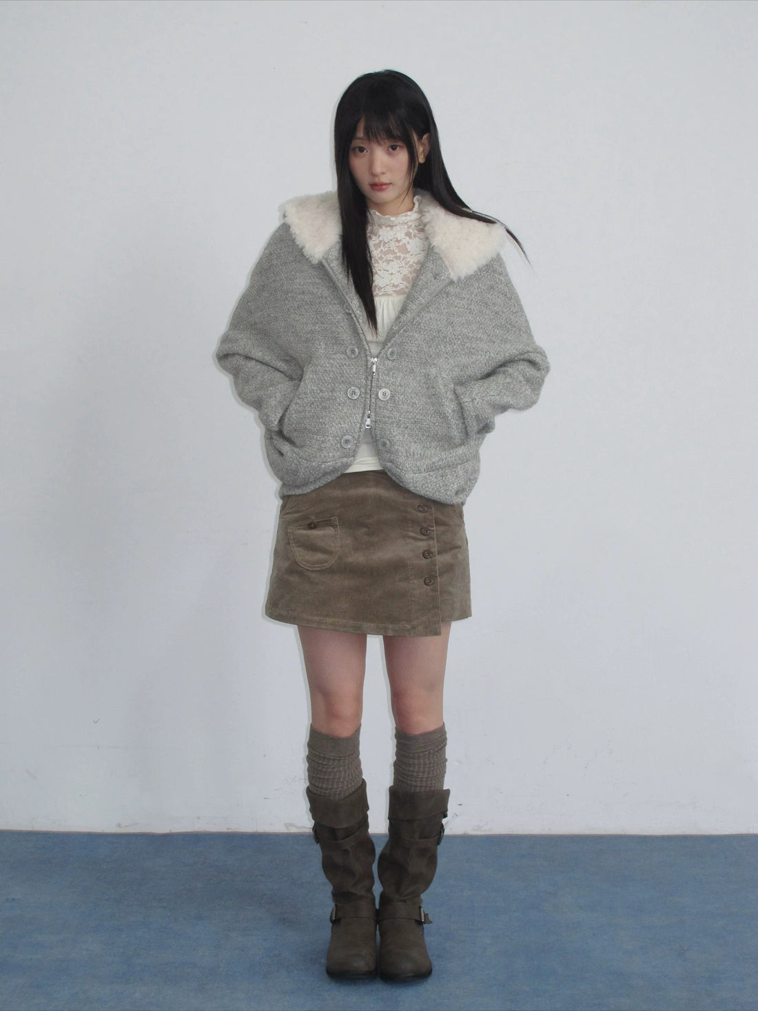 Gray Hooded Wool-Blend Coat