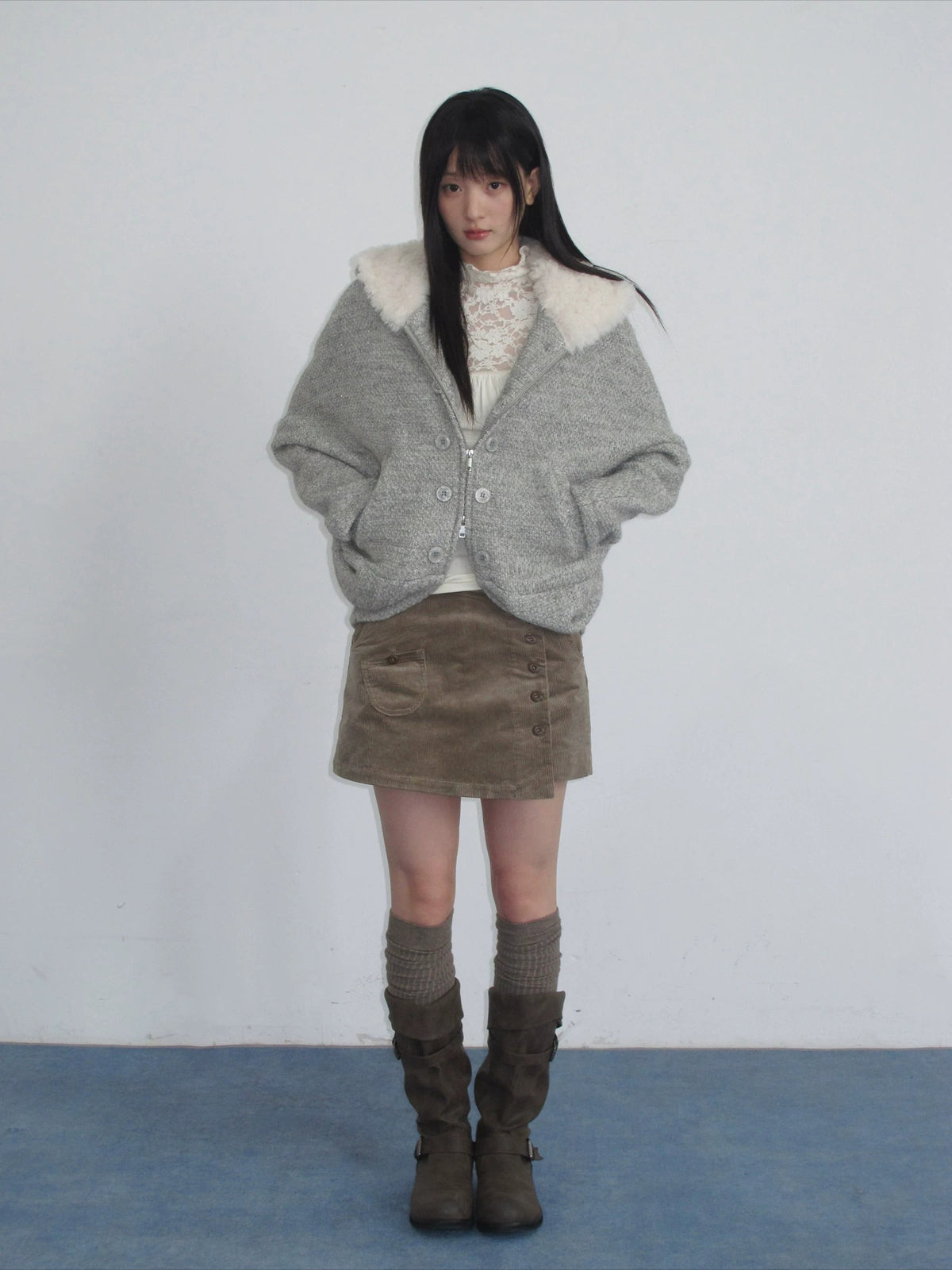 Gray Hooded Wool-Blend Coat