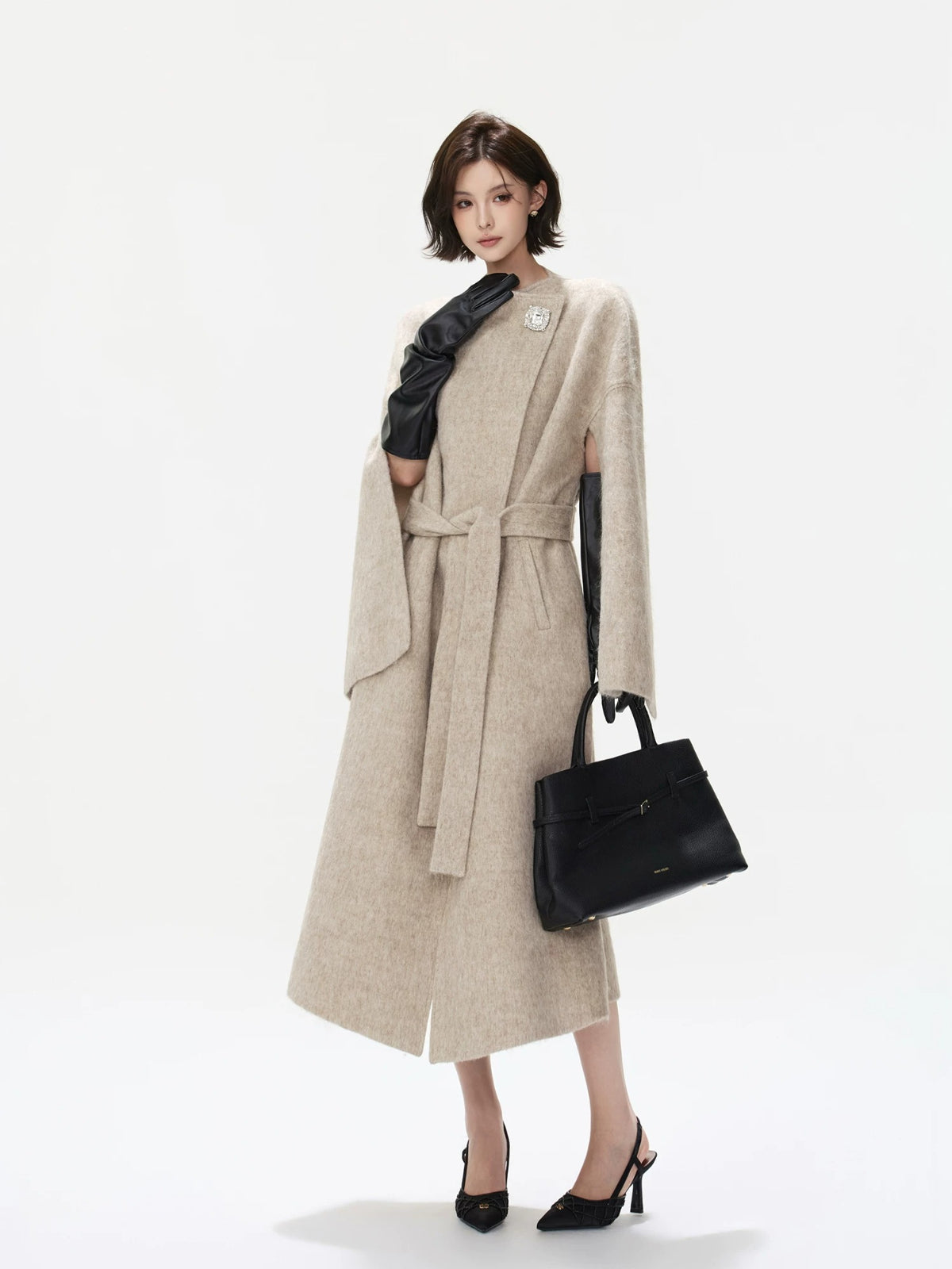 Embellished Buckle Belted Wool Blend Coat