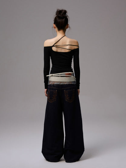 One-Shoulder Beaded Strappy Solid Color T-Shirt