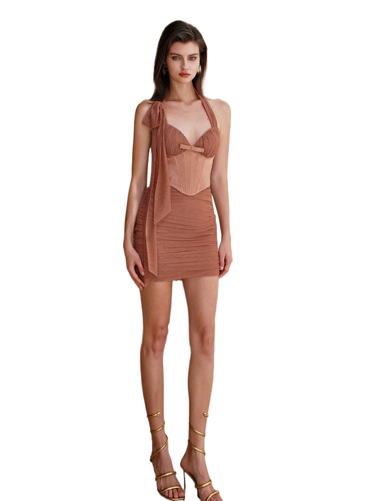 Bow Tie Ruched Fishbone Waist Cinch Dress